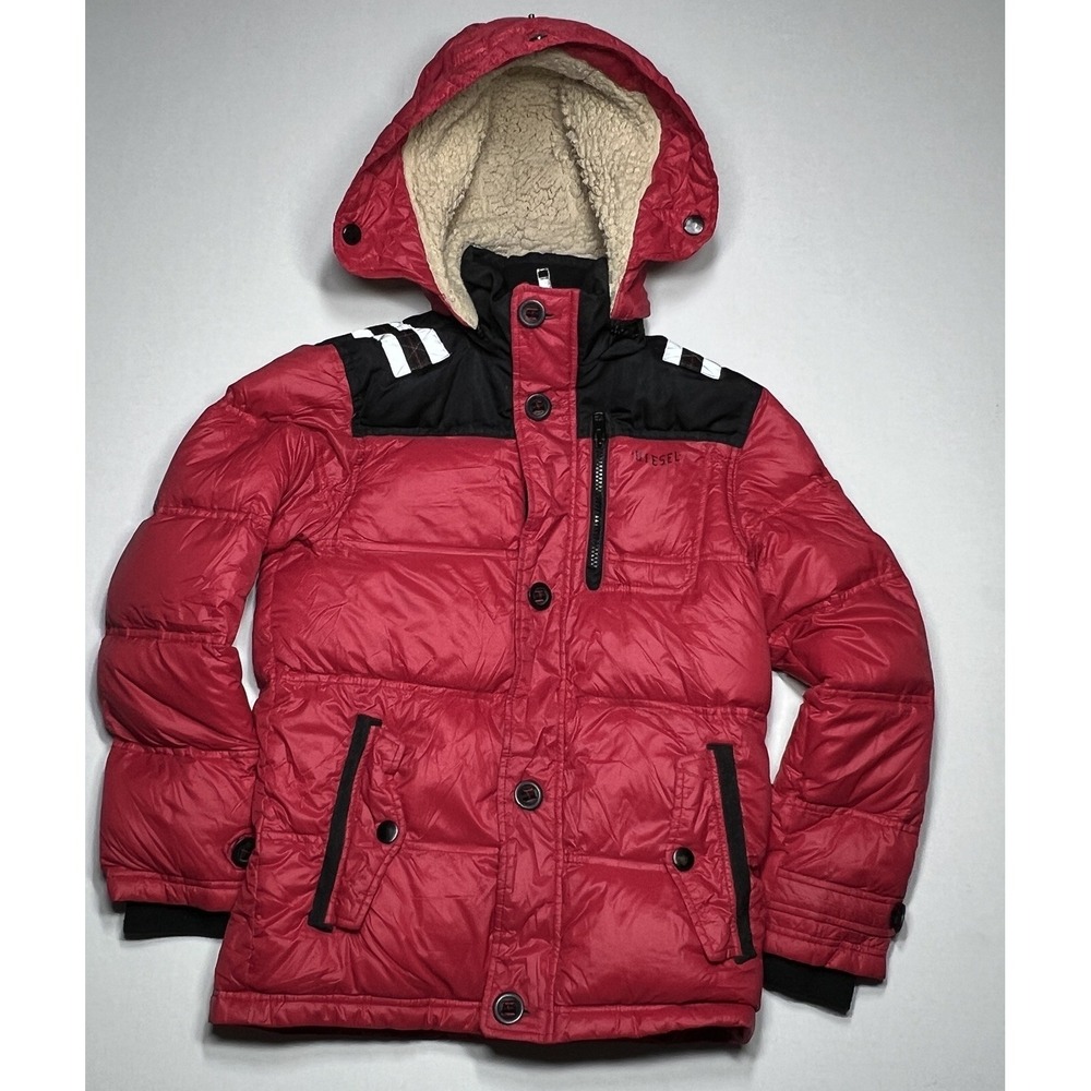 Diesel Puffer Faux Fur Jacket Boys Hooded Full Zip Winter Fleece Hood  Size 10